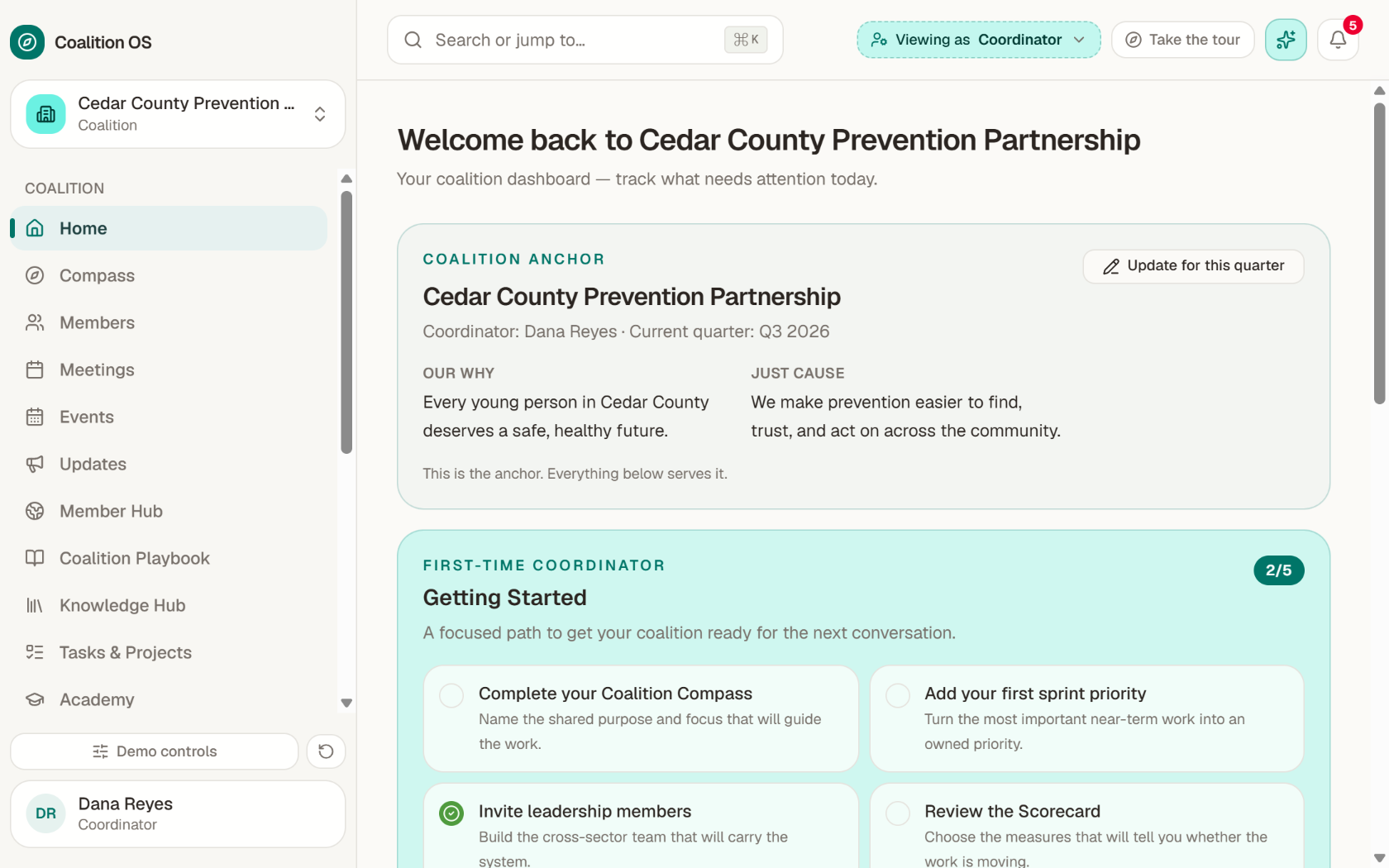 Coalition OS home dashboard with coalition anchor and getting started checklist